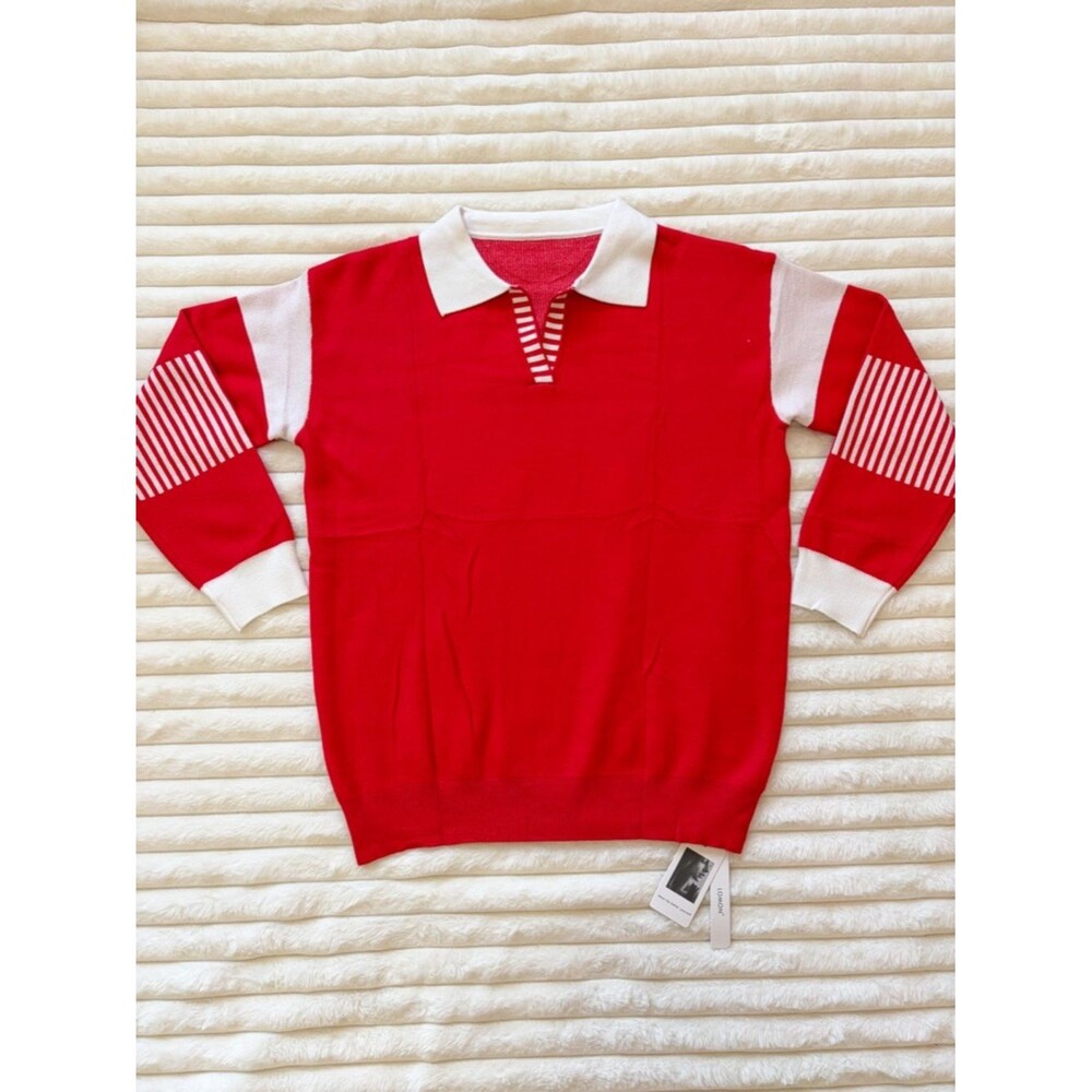 NWT LOMON Red Collared Knit Sweater Striped Sleeve Polo Style Size XL